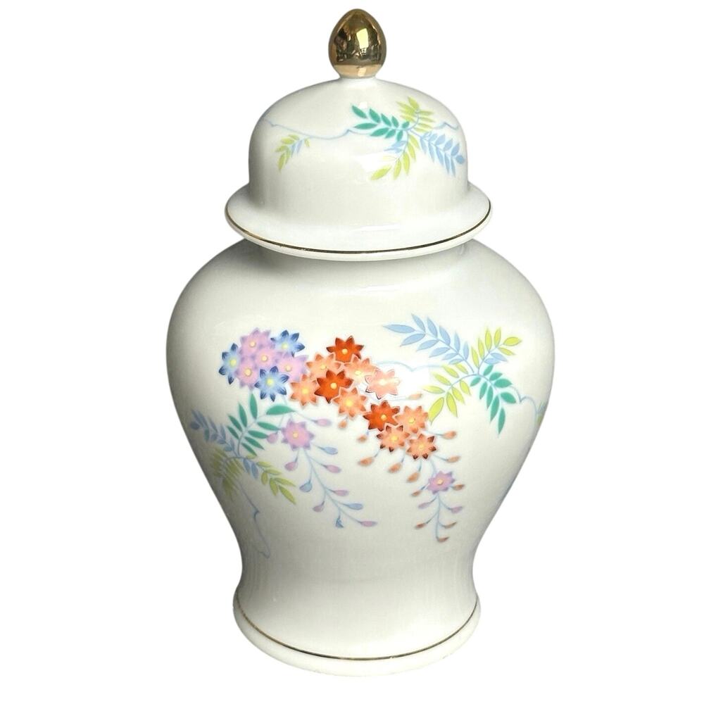 Vintage Otagiri Wisteria Mist 7” Ginger jar with lid Japanese floral cottagecore